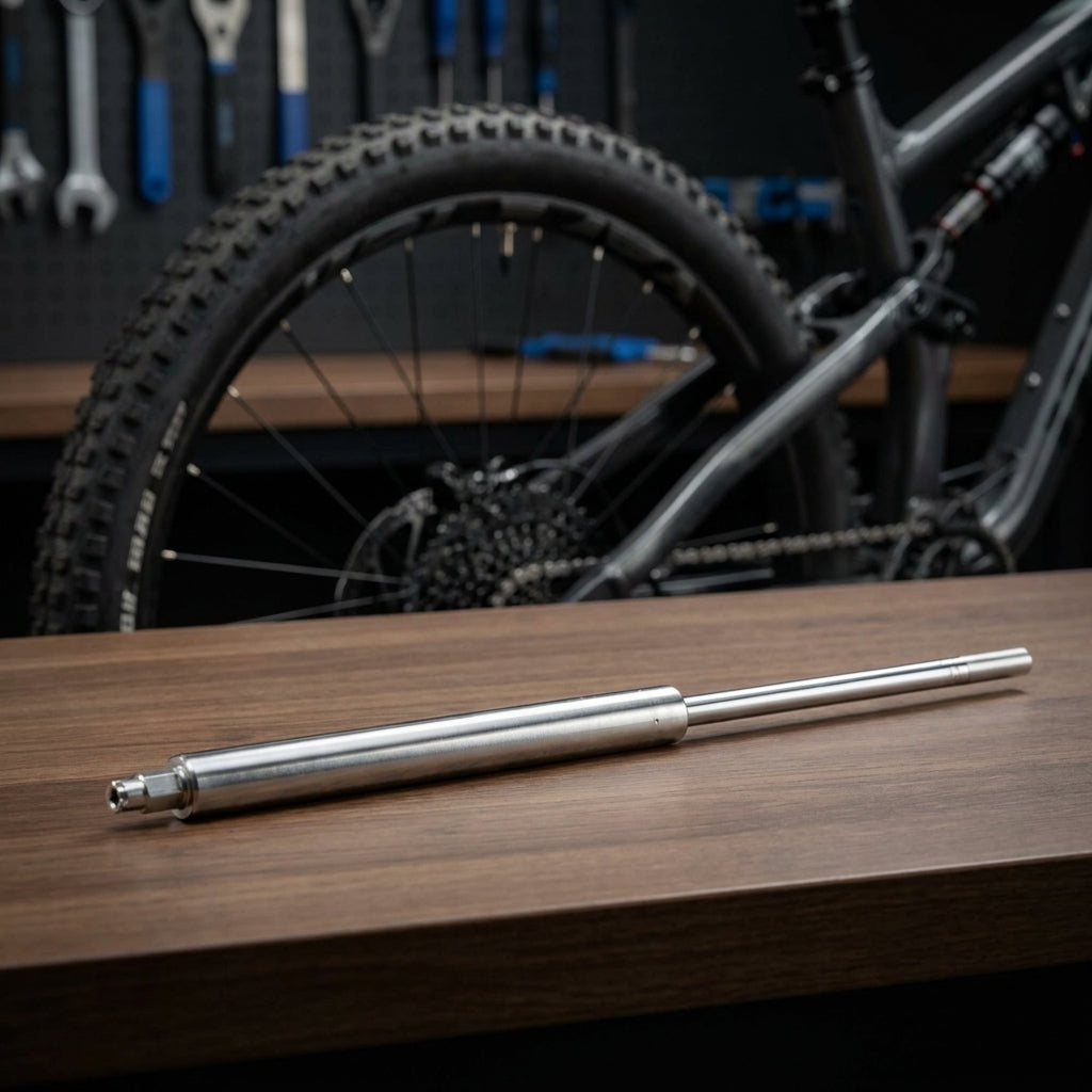 SR Suntour RL-R lite Federgabel-Kartusche 29" rechts auf Holztisch, Mountainbike im Hintergrund.