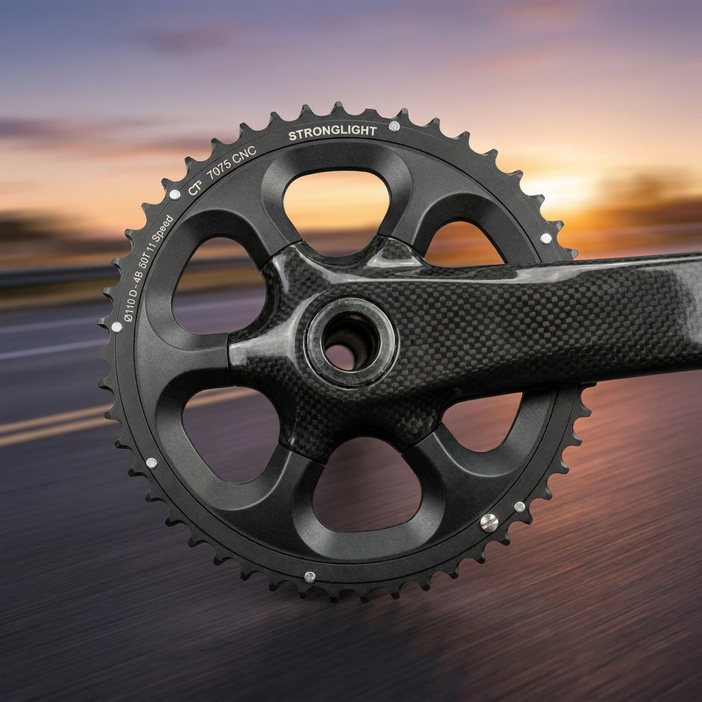 Schwarzes Stronglight Kettenblatt Dura-Ace 110mm 44Z 11-fach mit Carbon Kurbelarm auf Straße.