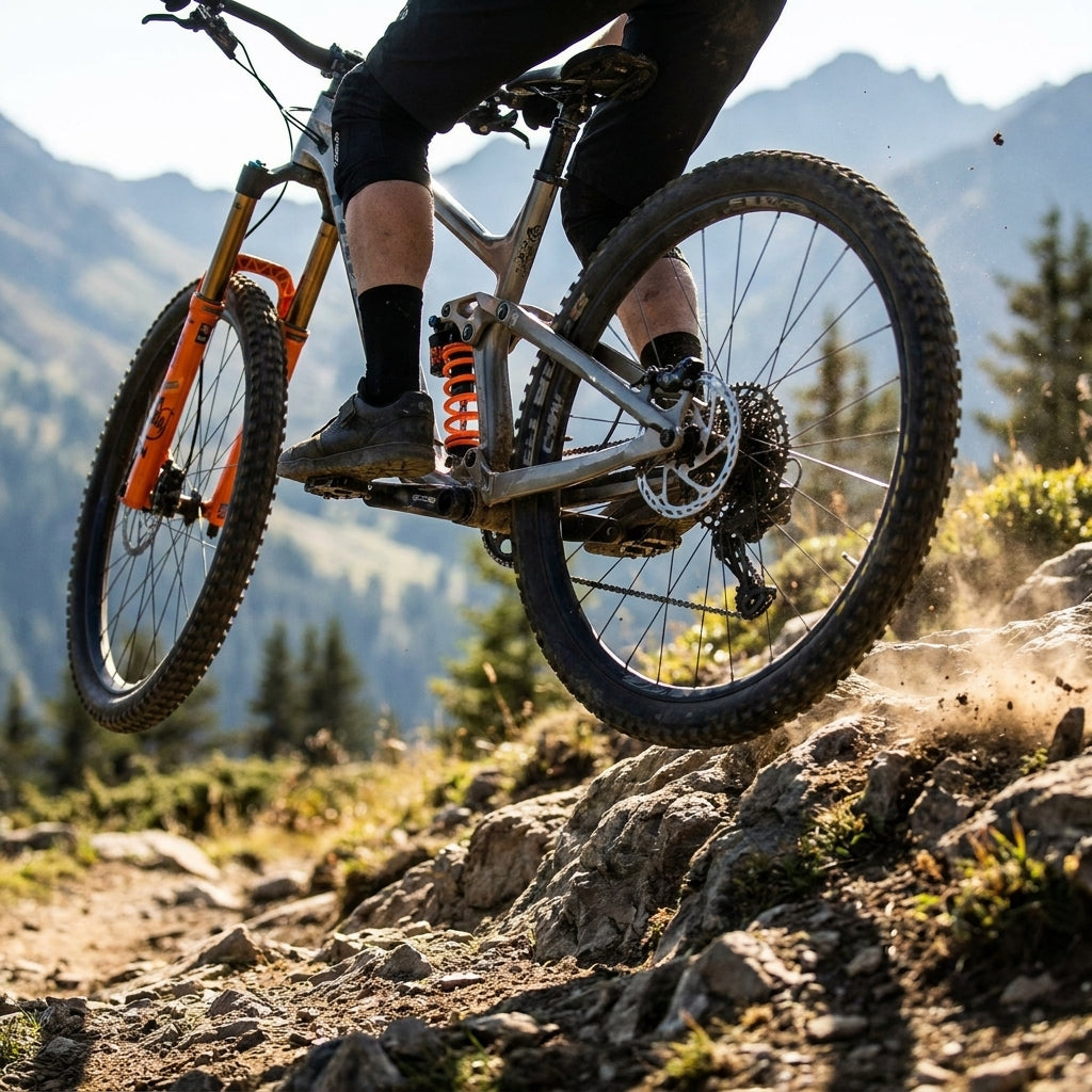 Orange FOX Stahlfeder 89x325 lbs am Dämpfer eines Mountainbikes auf einem felsigen Trail.