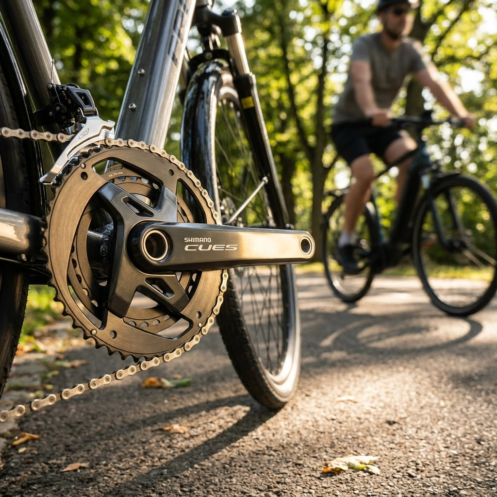 Nahaufnahme der SHIMANO CUES FC-U8000 Kurbelgarnitur 170mm, 46-32, 11-fach am Fahrrad.