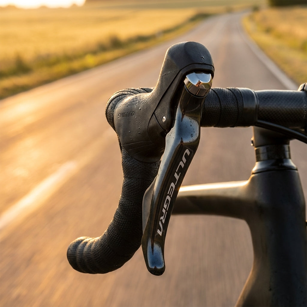 SHIMANO ULTEGRA ST-R8000 rechter 11-fach Schalt Bremshebel am Lenker eines Rennrads auf einer sonnigen Straße.
