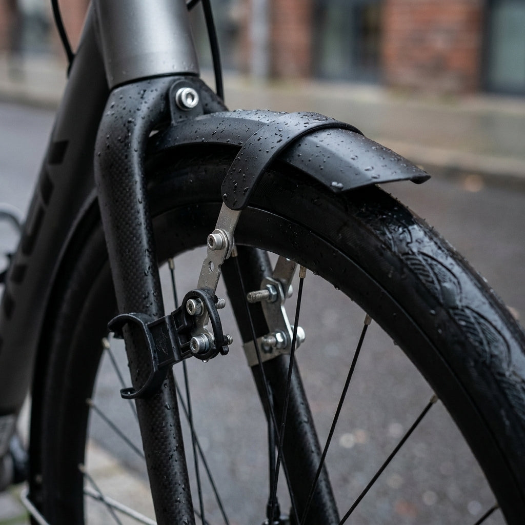 Hebie Befestigungsset für Steckbleche 0742/0761 am nassen Fahrrad-Vorderrad und Gabel.