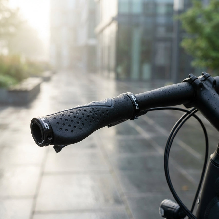 Ergonomische XLC Lenkergriffe GR-S07 in Schwarz-Grau montiert an einem Fahrradlenker in einer urbanen Umgebung.