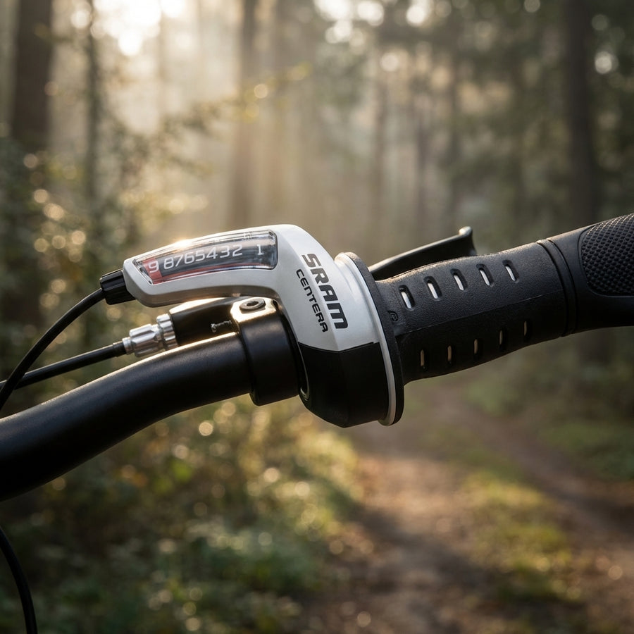 SRAM Drehgriffschalter Centera 9-fach am Fahrradlenker. Ganganzeige 1-9 sichtbar. Waldweg im Hintergrund.