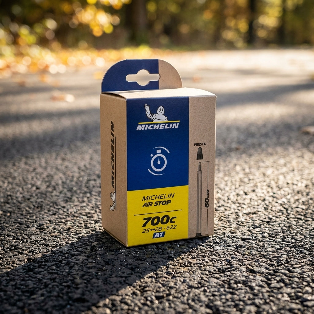 Michelin Schlauch 28 A1 Airstop SV Sclaverand-Ventil 48mm in Originalverpackung auf Asphaltweg.