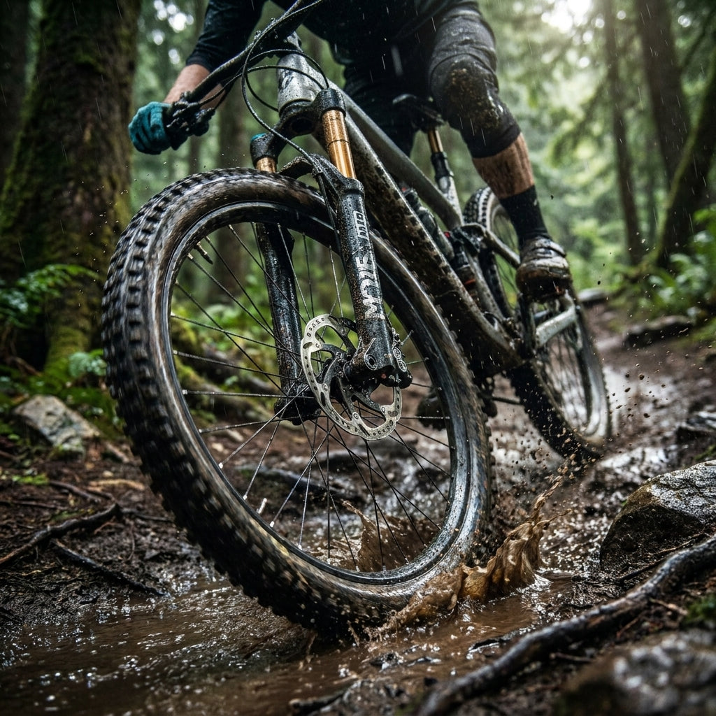 Mountainbiker rast durch schlammigen Waldweg, Rad spritzt Matsch. Scheibenbremse für Voxom Bremsbeläge.