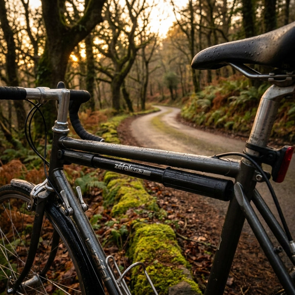 Zefal Rahmenpumpe REV88 schwarz am Fahrrad im Wald auf kurvigem Weg bei Sonnenuntergang.