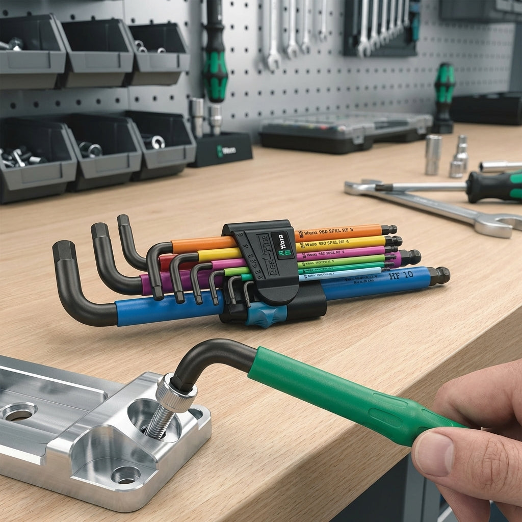 Wera 950/9 Hex-Plus Multicolour Winkelschlüsselsatz (9-teilig, metrisch) in Werkstatt bei Schraubmontage.