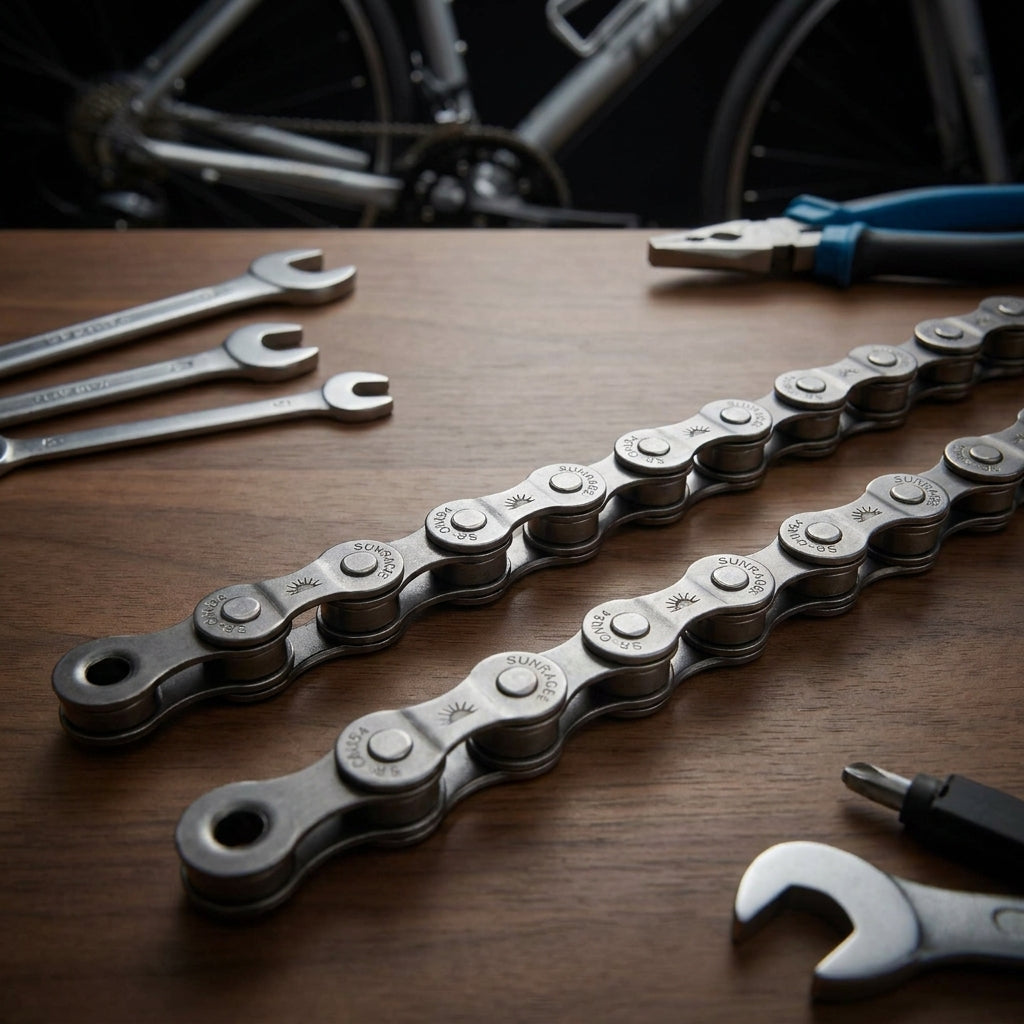 Sunrace Kette CNM54 grau für 6/7s Shimano mit Werkzeugen auf Holztisch und Fahrrad im Hintergrund.