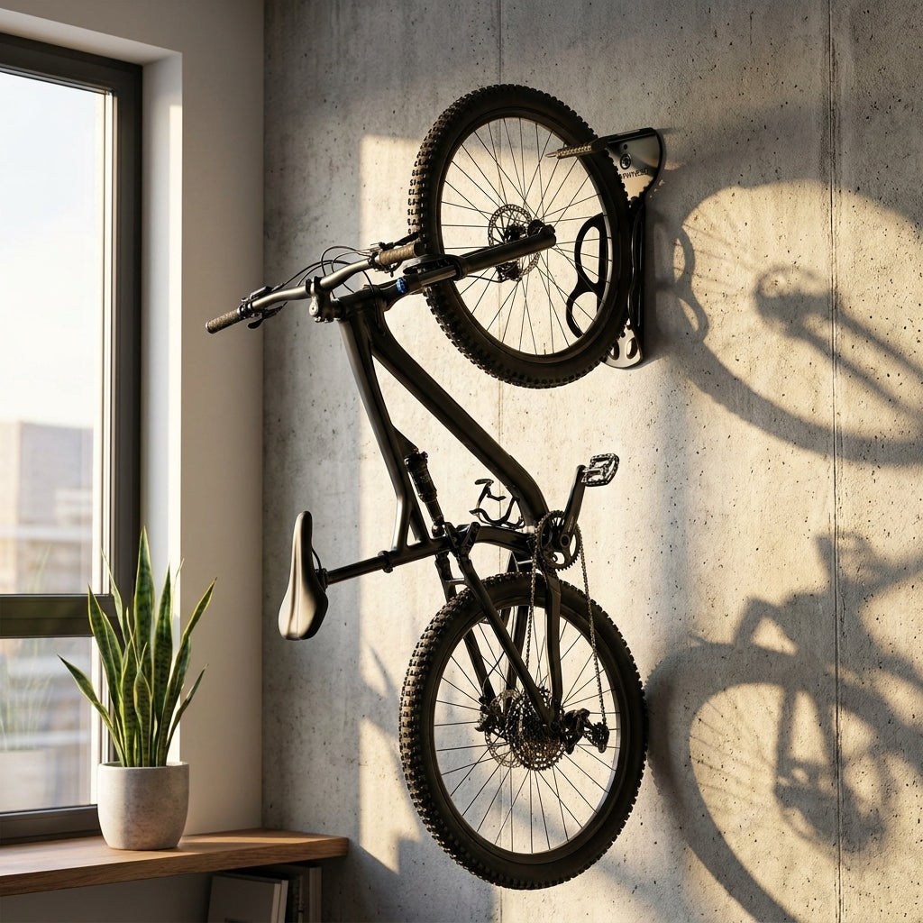 Sunnywheel Fahrrad Wandhalterung mit schwarzem MTB an Betonwand, für Reifenbreite bis 2.5", max. 25 kg.