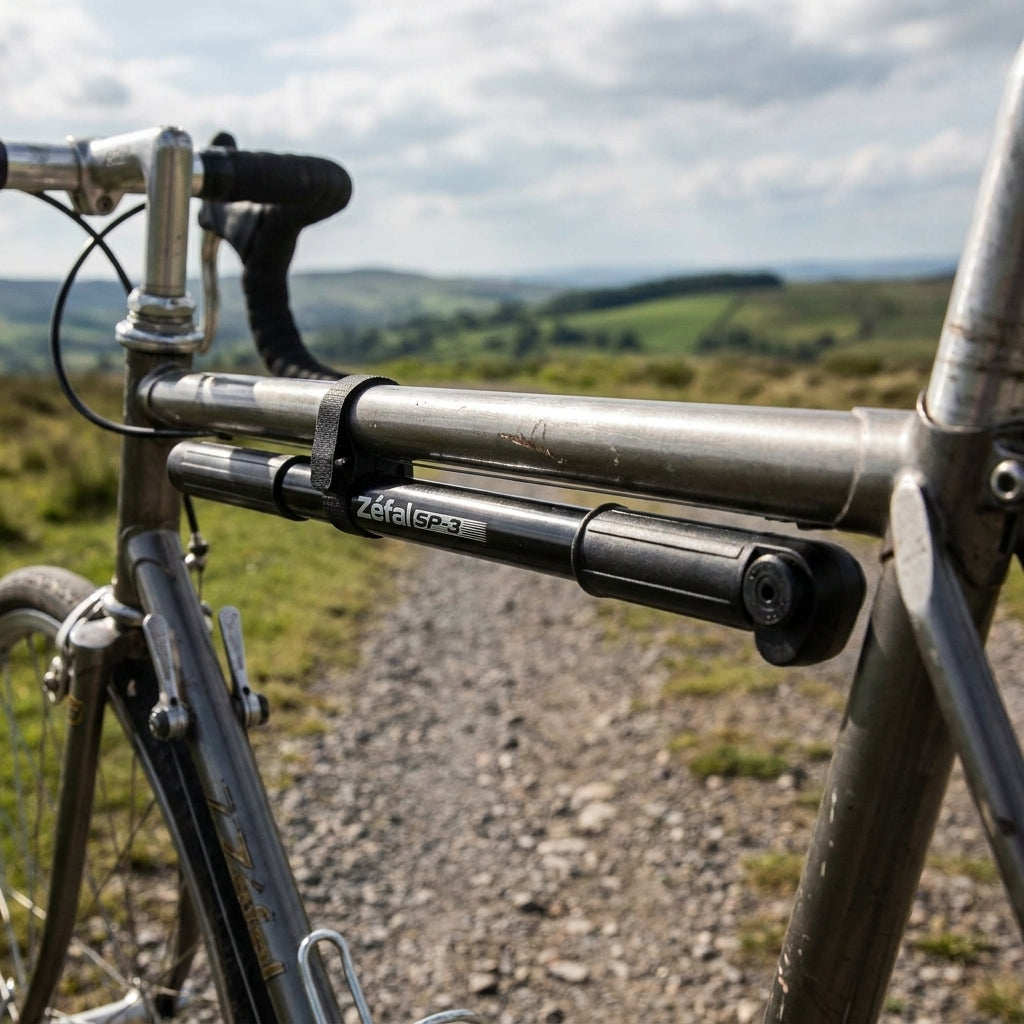 Zefal Rahmenpumpe schwarz am Fahrrad auf Schotterweg, passend für AV SV DV Ventile.