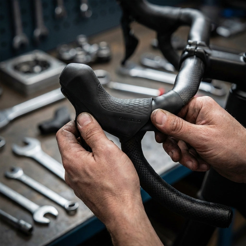 Montage der Shimano Griffgummis ST-R7020/R7025 als Ersatzhauben für STI-Hebel am schwarzen Rennradlenker.