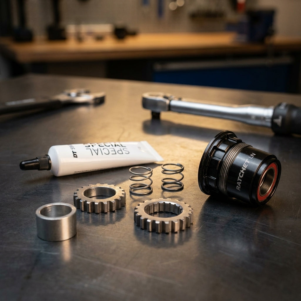 DT Swiss Ratchet LN 18 Zähne Upgrade-Kit mit Freilaufkörper, Ratchets, Federn und Spezialfett auf Werkbank.