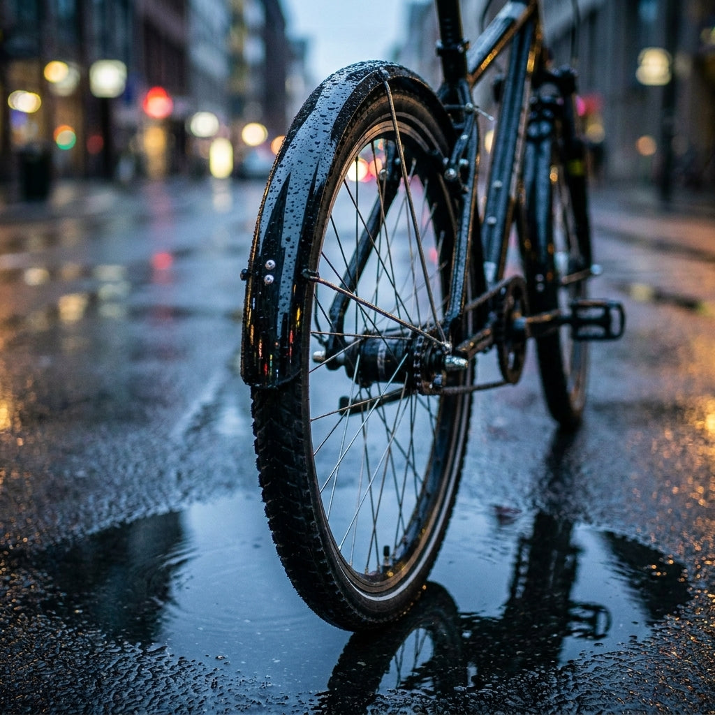 SKS BLUEMELS BASIC 24" Schutzblech schwarz am Fahrrad auf regennasser Straße mit Stadtlicht-Reflexionen.