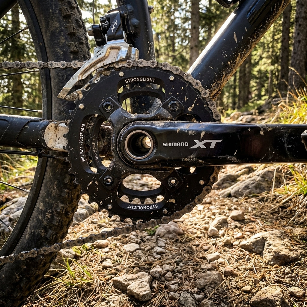 Schwarzes Stronglight Kettenblatt HT3 2X11 38Z 28T an Shimano XT Kurbel eines Mountainbikes auf Waldweg.