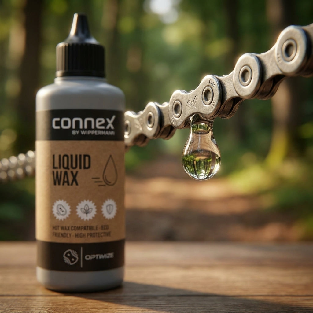 Connex by Wippermann Liquid Wax Kettenwachs 100ml für Fahrradkette. Tropfen spiegelt Waldweg.