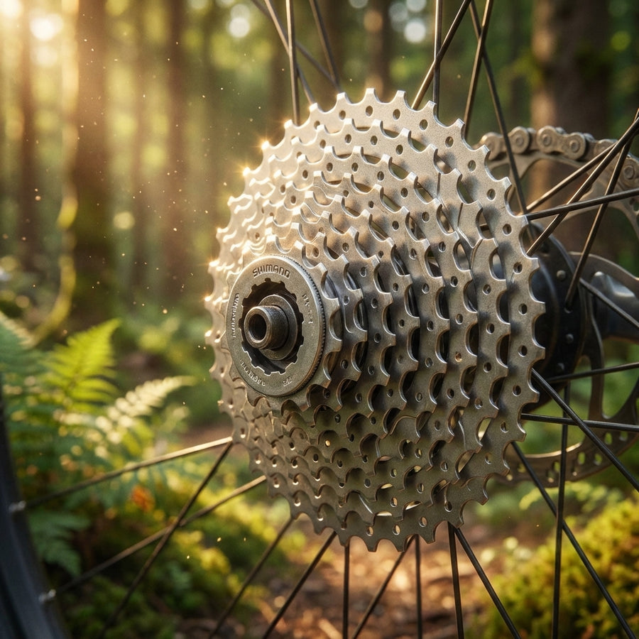 SHIMANO ALIVIO CS-HG400 9-fach 11-34Z Kassette am Fahrrad im sonnigen Wald.