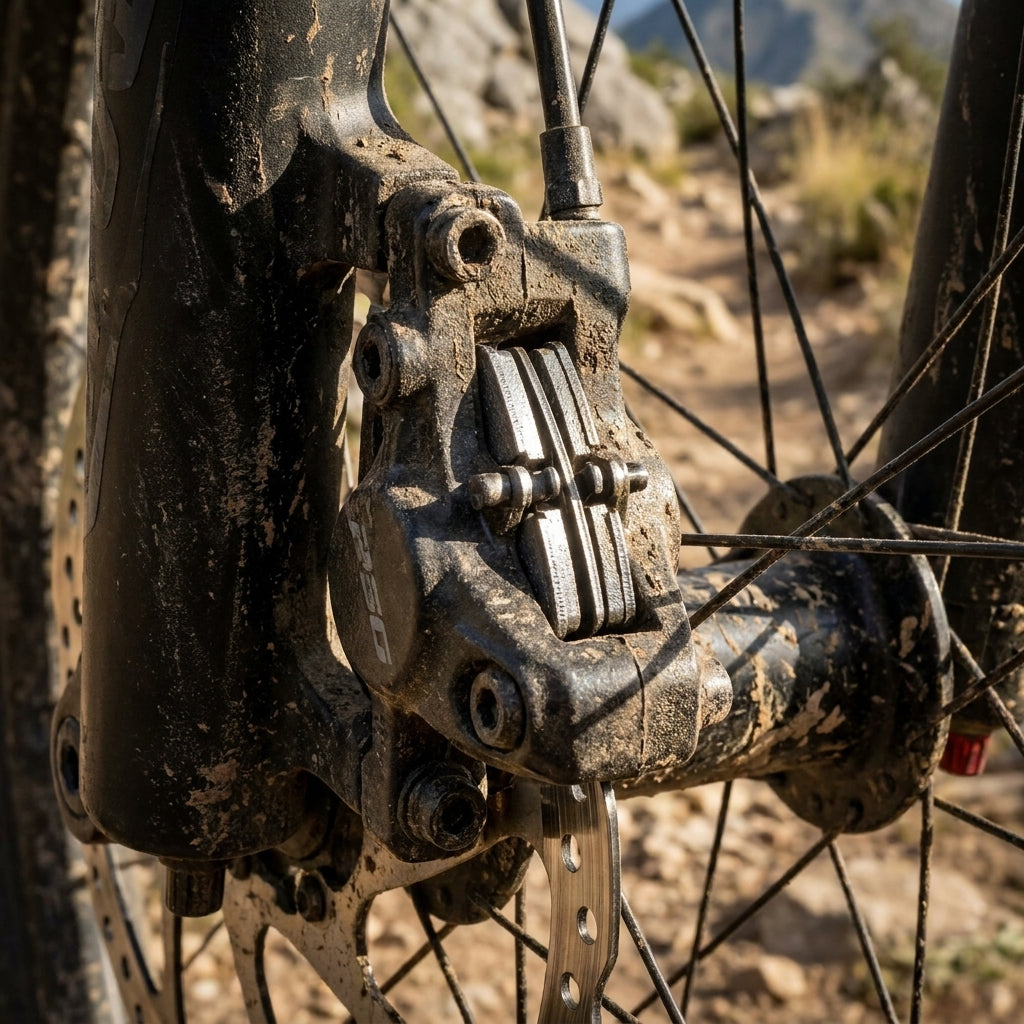 Schmutzige Mountainbike-Scheibenbremse mit sichtbaren Bremsbelägen auf einem staubigen Trail.
