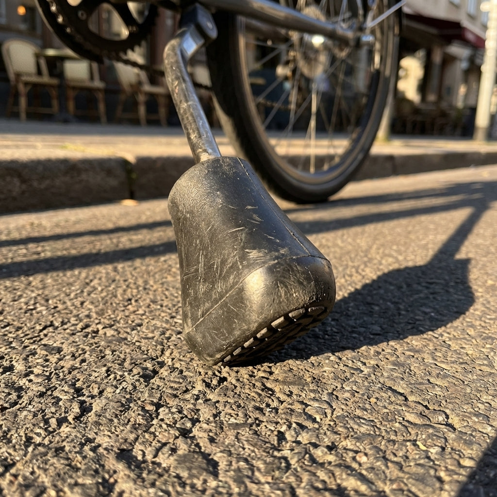 Schwarzer Esge Ständer-Plastikfuß F 13, Fahrrad-Ersatzteil, auf Asphalt.