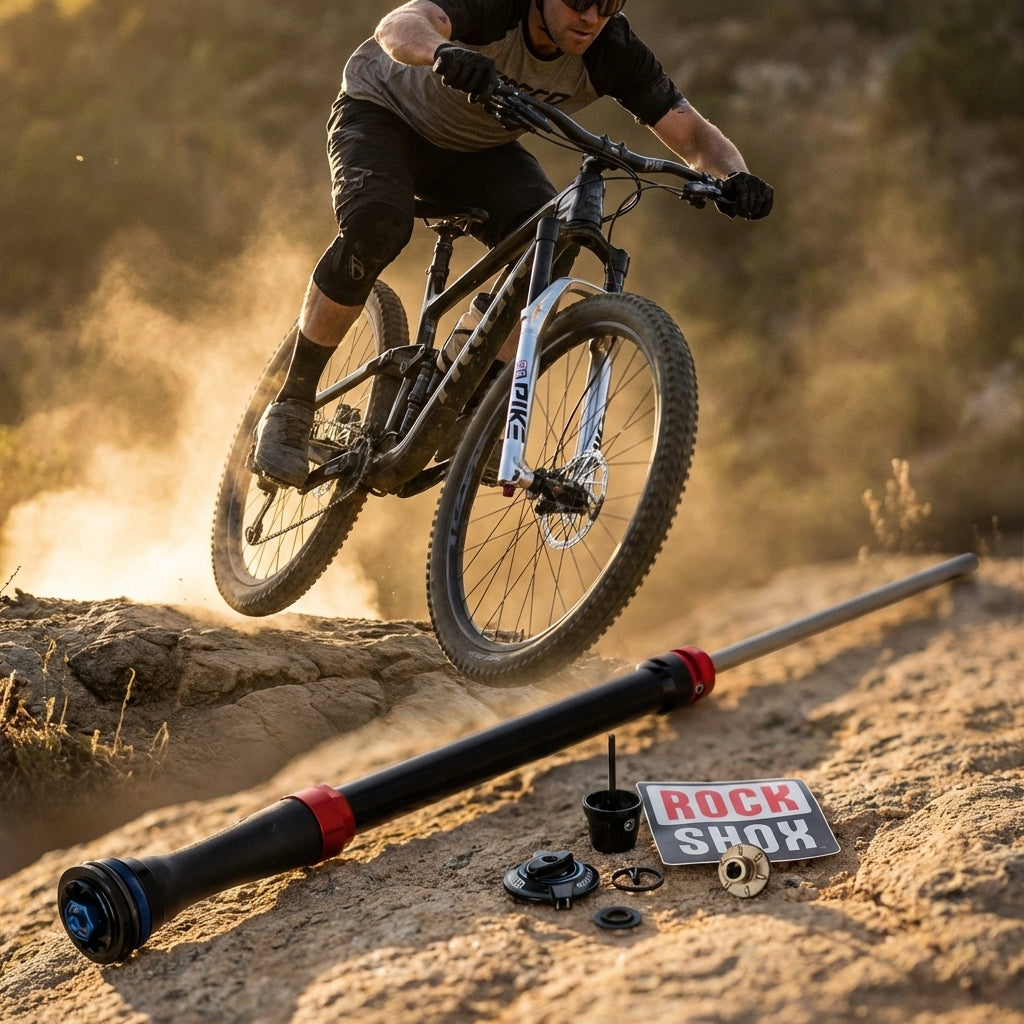 RockShox Pike Upgrade Kit Dämpferteile vor Mountainbiker in Aktion, Staub aufwirbelnd.