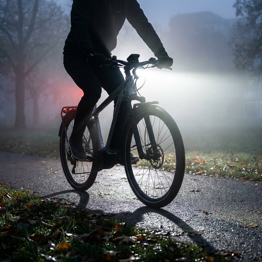 E-Bike mit hellem Busch&Müller Lumotec IQ Cyo Premium LED Scheinwerfer im Nebel auf nassem Weg.