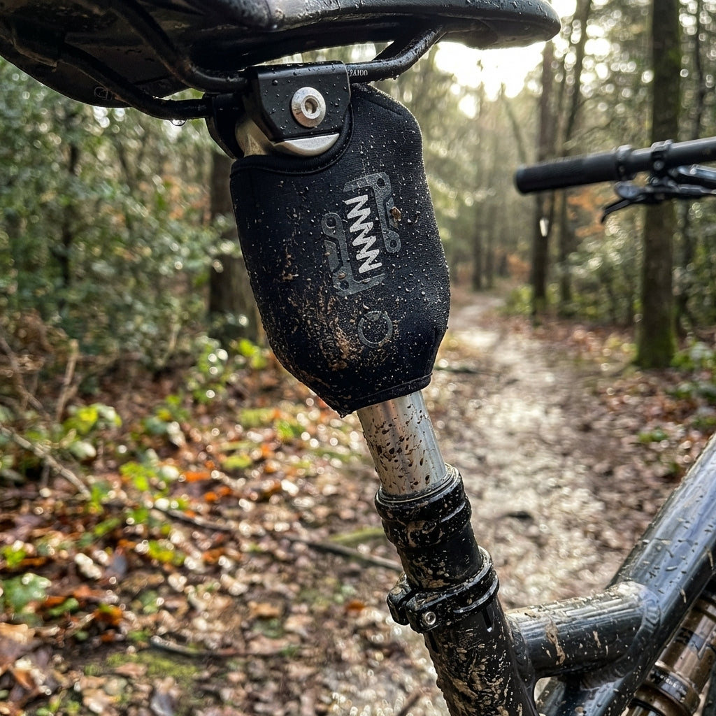 by.schulz Mudcover G.2 LT Schutzhülle Neopren Schwarz auf schlammiger Fahrrad-Sattelstütze im Wald.