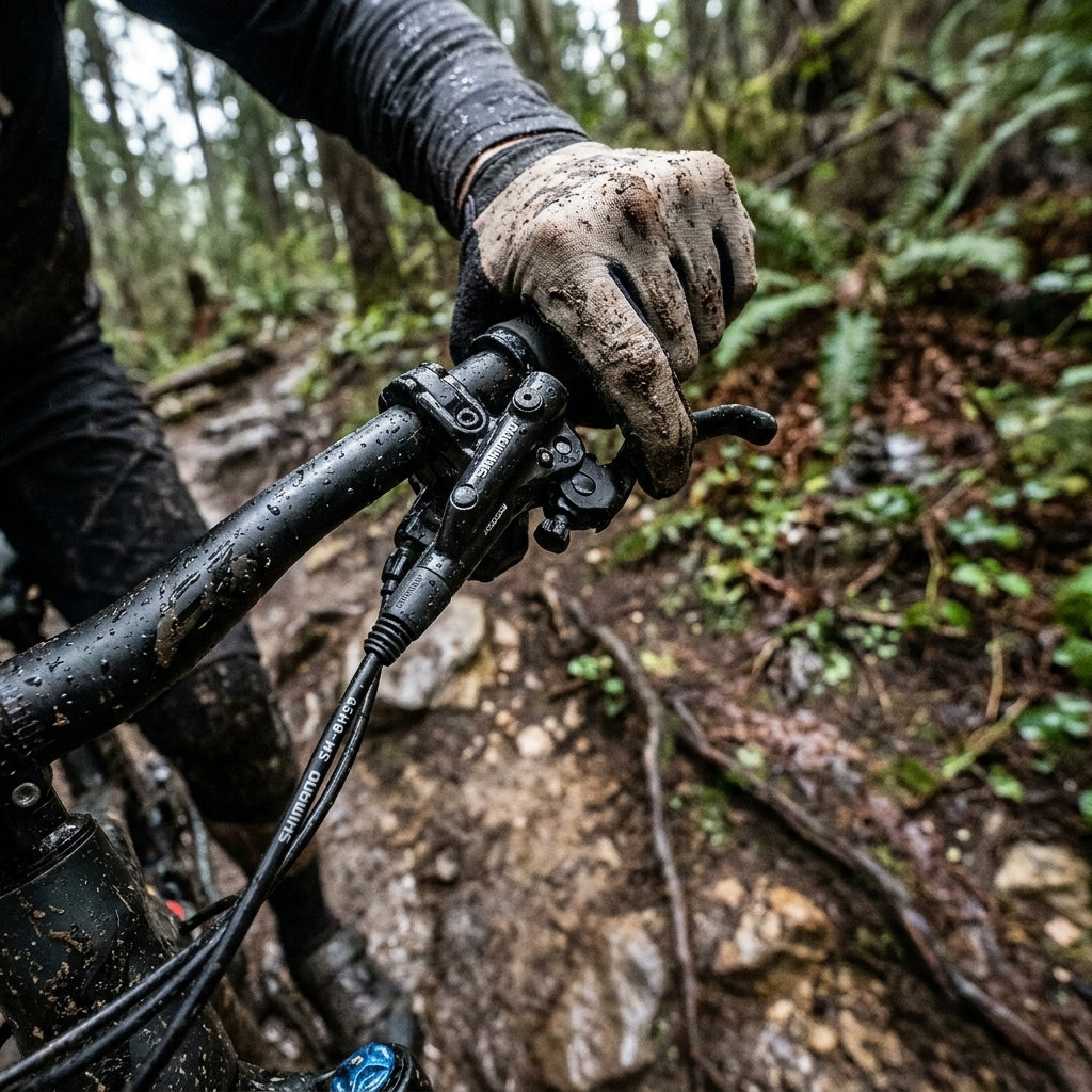 Schlammige Shimano SM-BH59 Bremsleitung am Mountainbike-Lenker im Wald. Hydraulikleitung für Scheibenbremsen im Einsatz.