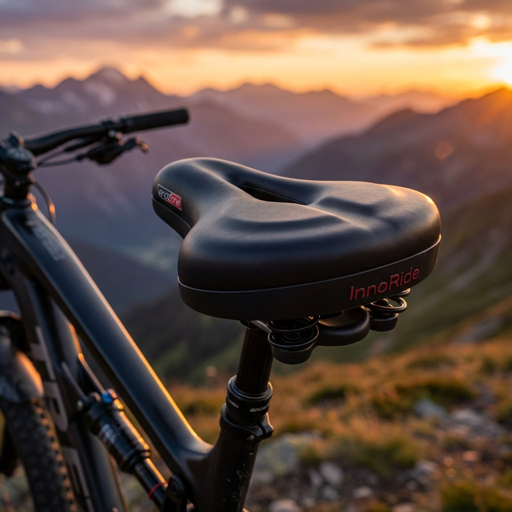 Point Endzone Rocksattel Inno Ride Schwarz auf einem MTB montiert vor malerischem Bergpanorama bei Sonnenuntergang.