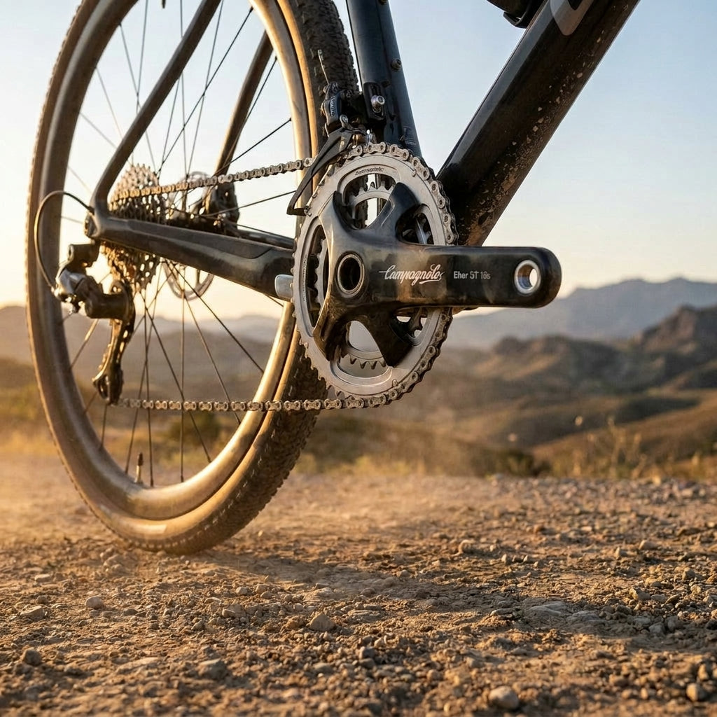Campagnolo Ekar GT 13s Kurbelgarnitur am Gravelbike. Hochwertiges 13-fach Fahrradteil für Performance und Abenteuer.