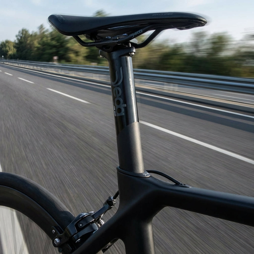 Deda Zero 100 Dritto Sattelstütze, schwarz, 27,2mm, am Rennrad montiert, auf der Straße in Bewegung.