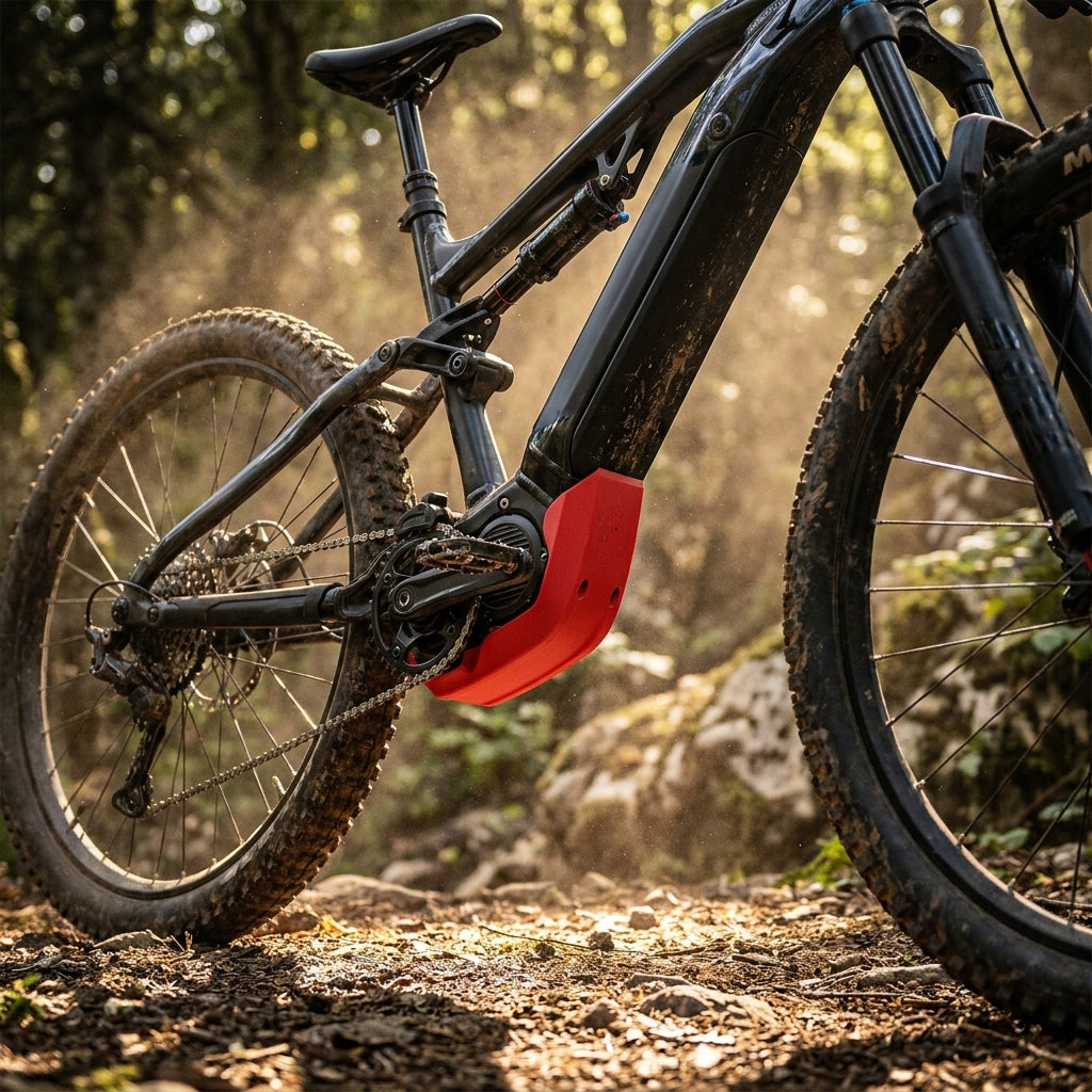 Roter matter Yamaha E-Bike Motor-Unterfahrschutz an Mountainbike auf schmutzigem Waldweg.