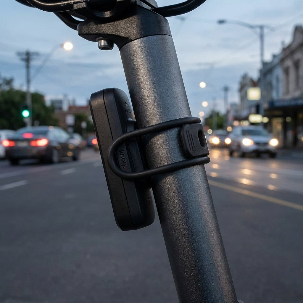 Schwarzer Knog V Riemen befestigt Blinder Licht sicher an Fahrradstange, mit Stadtstraße bei Dämmerung im Hintergrund.