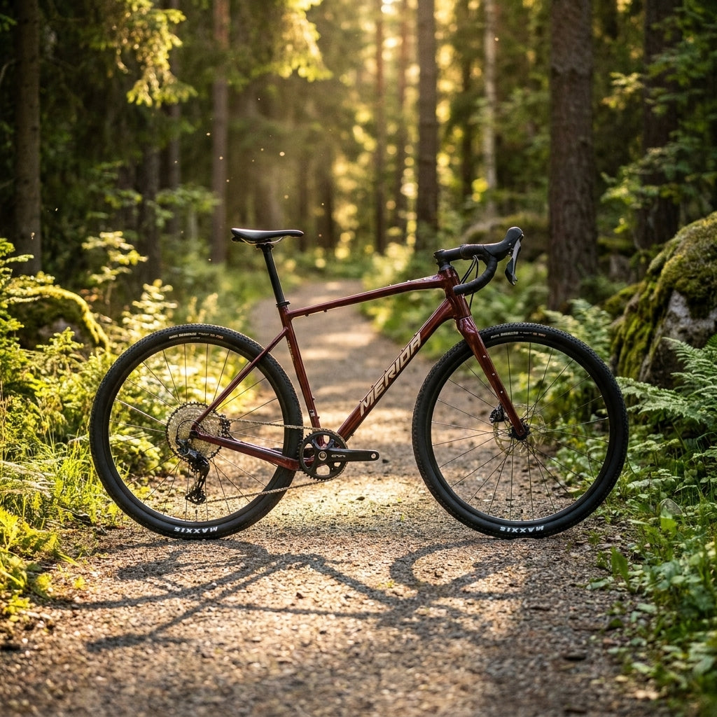 MERIDA SILEX 700 Gravelbike elegant wildberry, Aluminiumrahmen, Carbon-Gabel, Shimano GRX 12-fach auf Waldweg.
