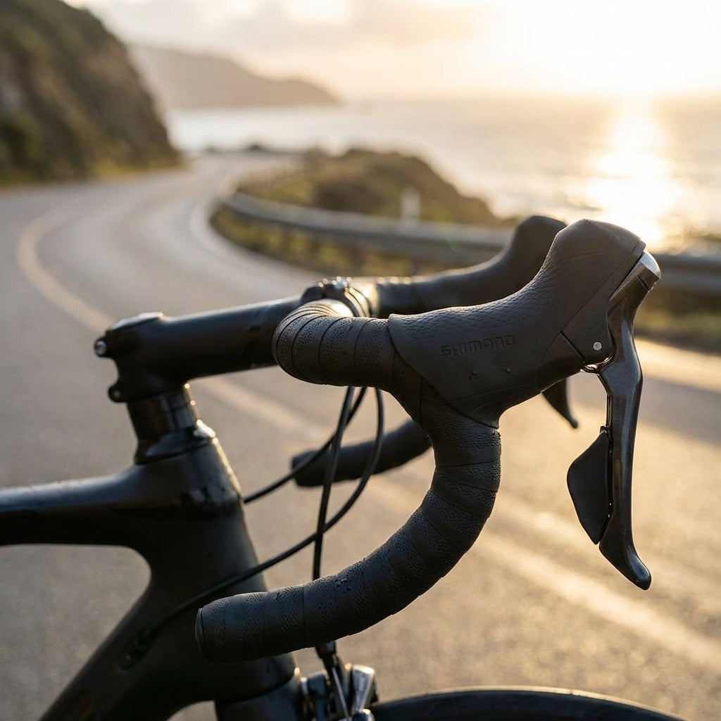SHIMANO Griffgummi ST-R3000 an STI-Schalt-/Bremshebeln eines Rennrads auf kurviger Küstenstraße bei Sonnenuntergang.