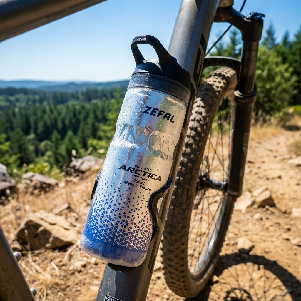 Zefal Arctica Trinkflasche blau 750ml am Mountainbike auf Trail, kühle Flasche mit Kondenswasser.