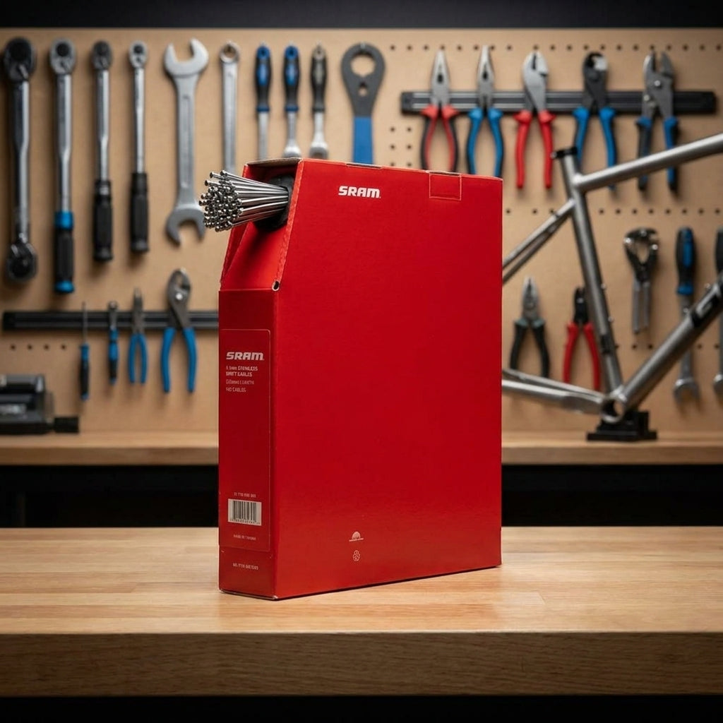 Rote SRAM Box mit 100 Edelstahl Schaltzügen im Werkstattpack auf Werkbank mit Fahrradwerkzeugen.