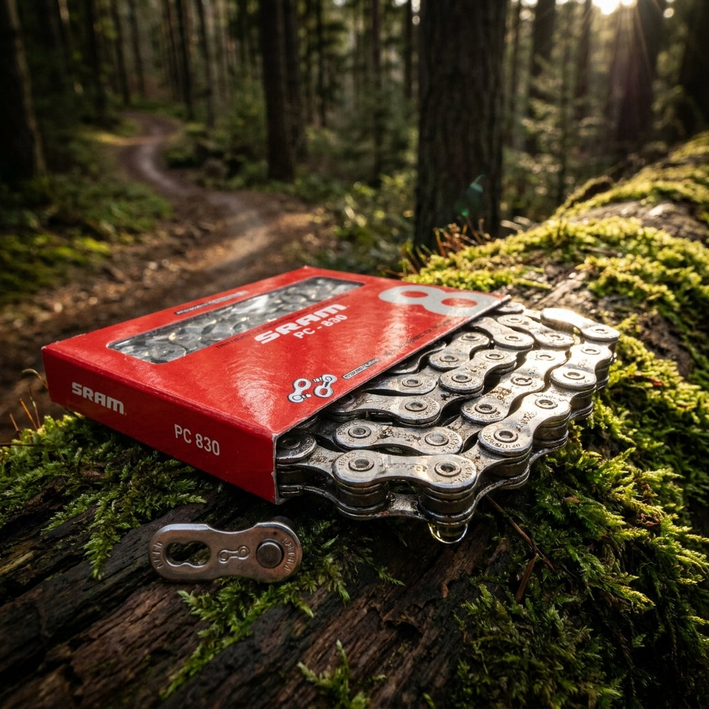 SRAM PowerChain II PC 830 8-fach Fahrradkette mit PowerLink auf moosigem Baumstamm im Wald.