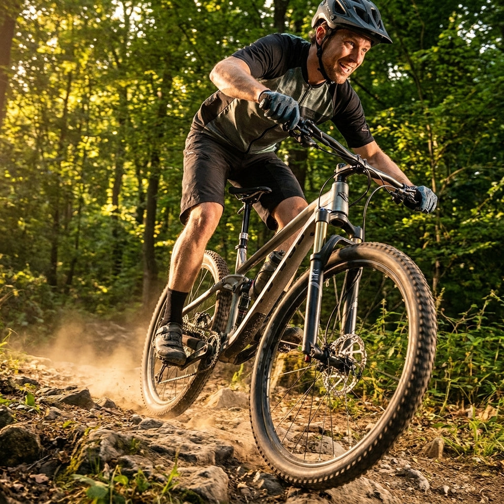 Mountainbiker auf Felsweg mit XLC Teleskopsattelstütze SP-T09 auf seinem Fahrrad.
