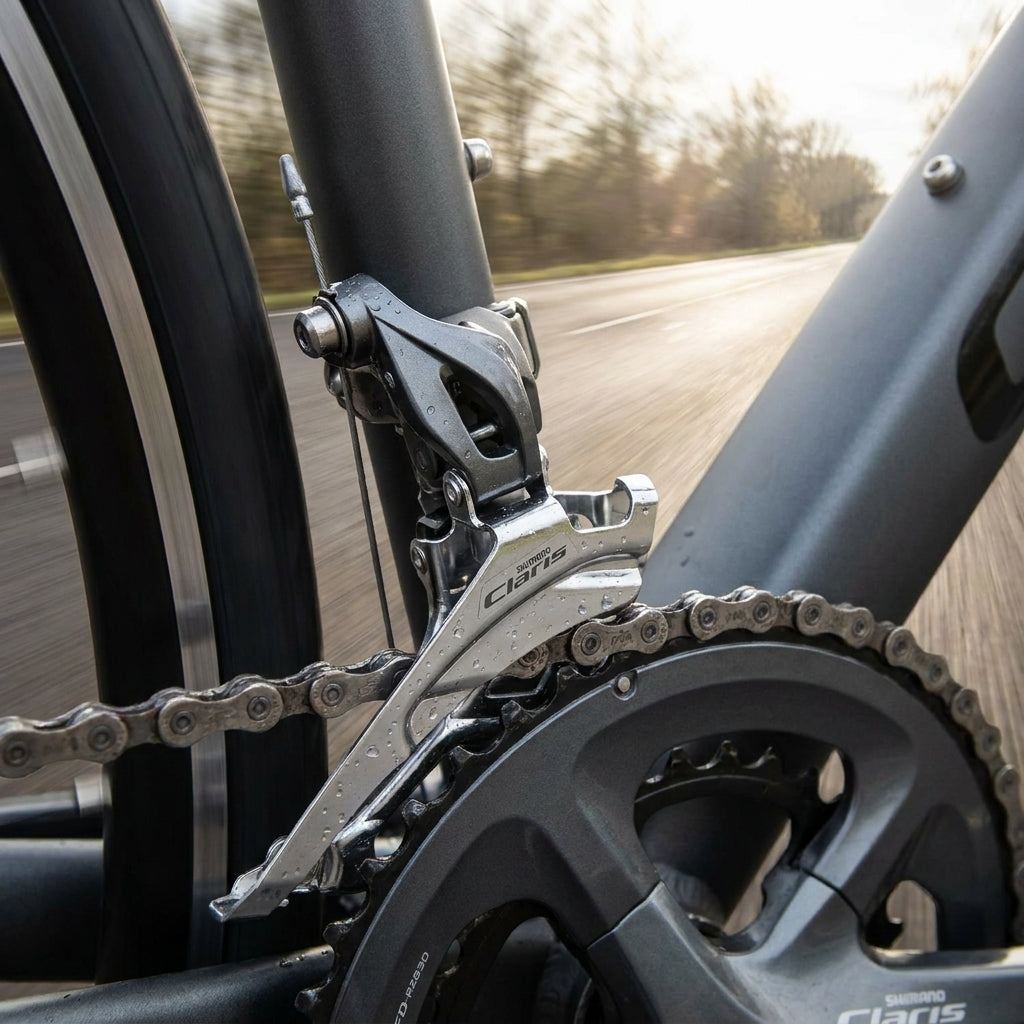 Shimano Claris 8-fach Umwerfer FD-R2030 am Rennrad, präzise Schaltperformance auf nasser Straße.
