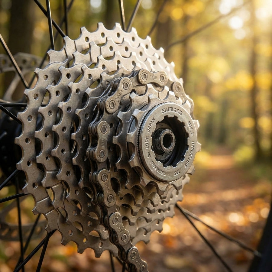 SHIMANO ALIVIO CS-HG400 9-fach 11-36Z Fahrradkassette mit Kette im Wald.