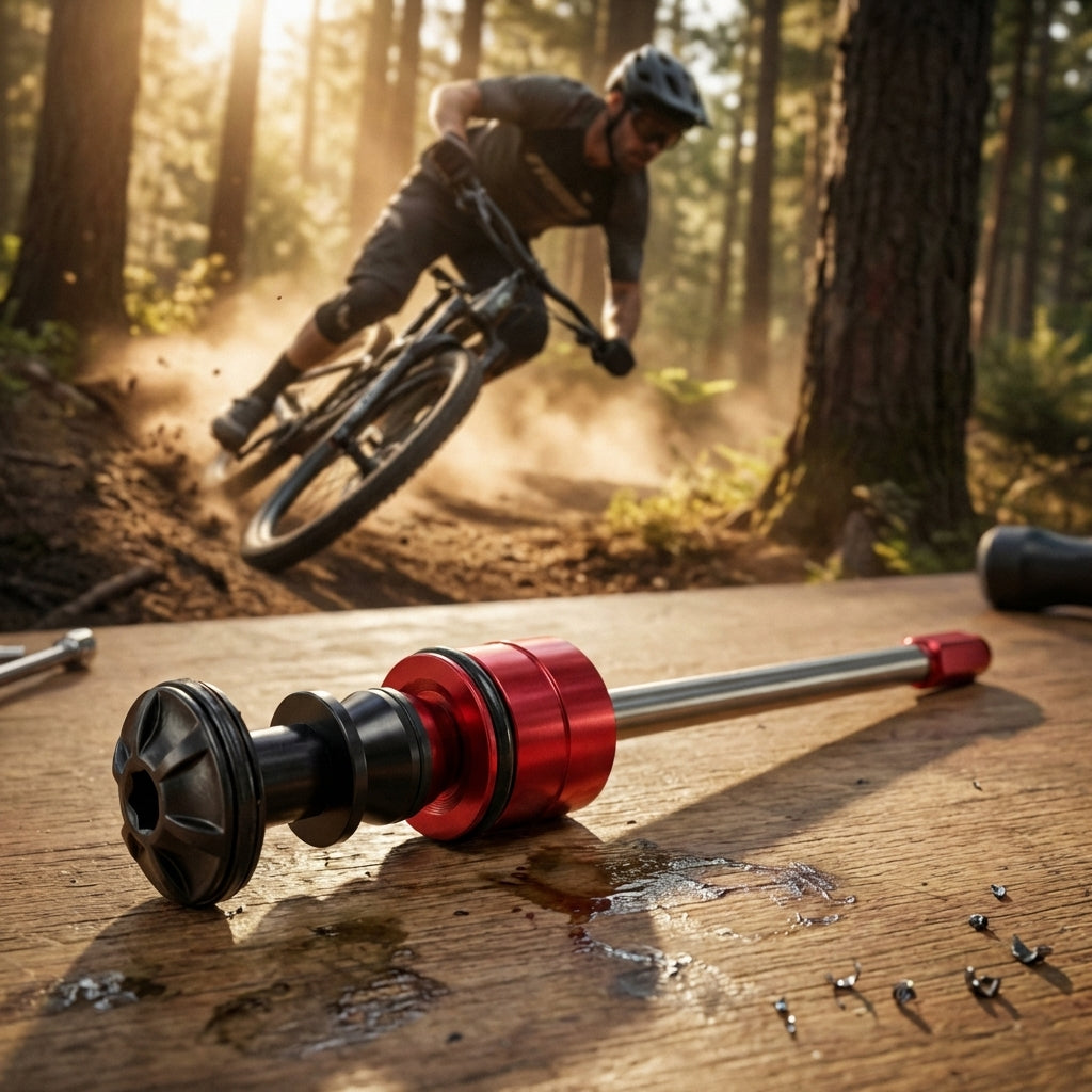 RockShox DebonAir Luftfeder-Upgrade Kit auf Holztisch, Mountainbiker fährt auf staubigem Trail im Wald.