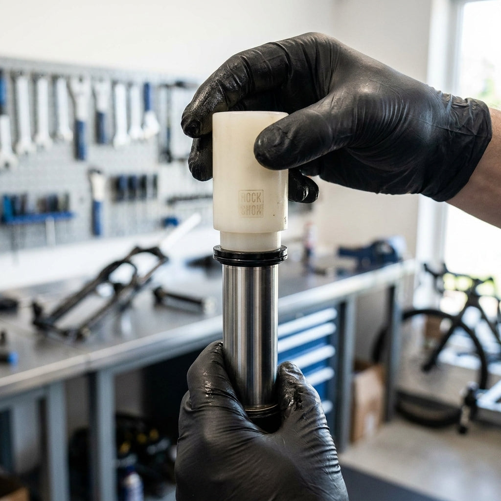 Hände nutzen RockShox Dichtungswerkzeug Totem 40mm zur Montage an einer Fahrrad-Federgabel.