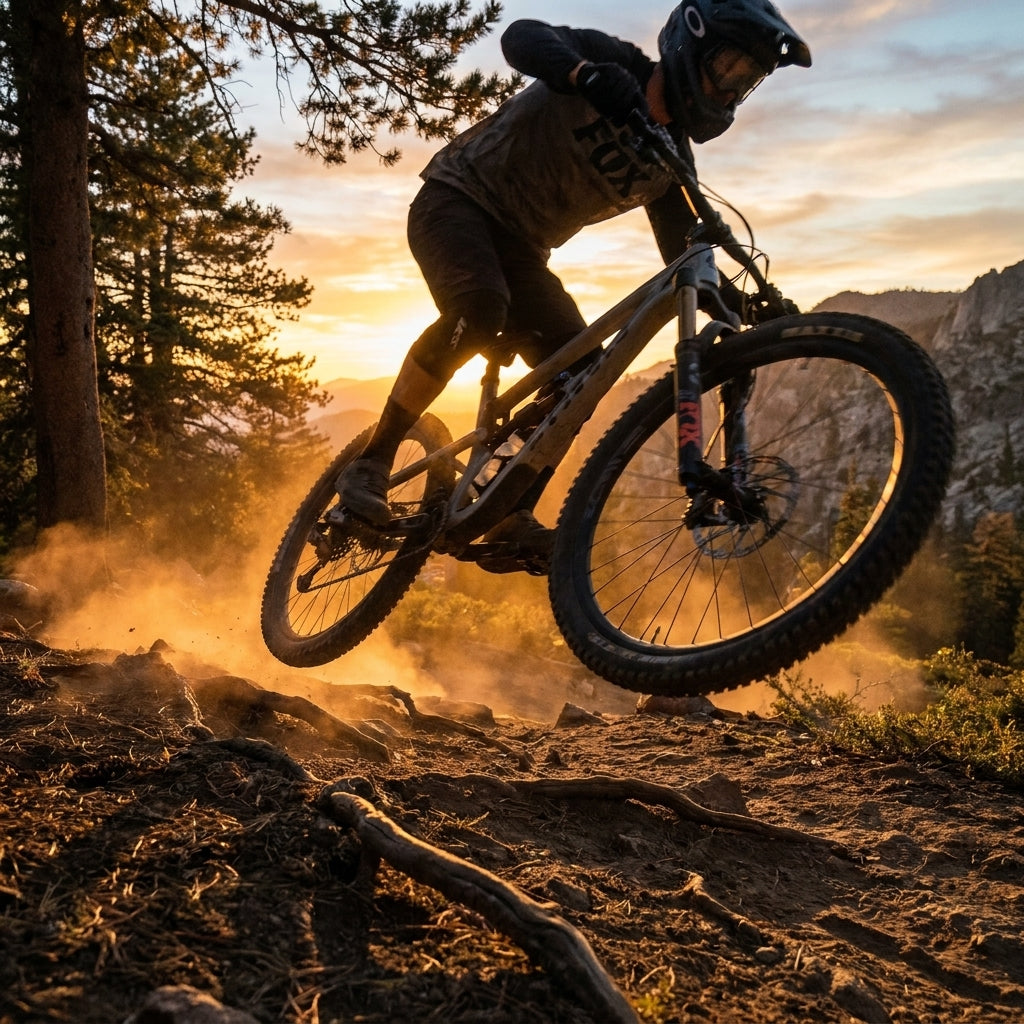 FOX Float X2 Factory Luftdämpfer am Mountainbike in Aktion, Sprung auf staubigem Trail bei Sonnenuntergang.