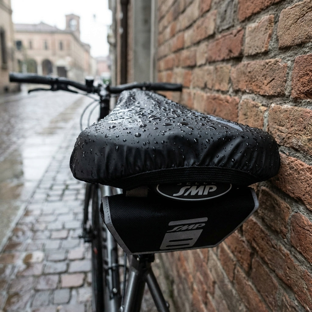 Selle SMP Sattel Regenüberzug Modell Martin Touring Medium schwarz, wasserdicht mit Regentropfen auf Fahrrad.