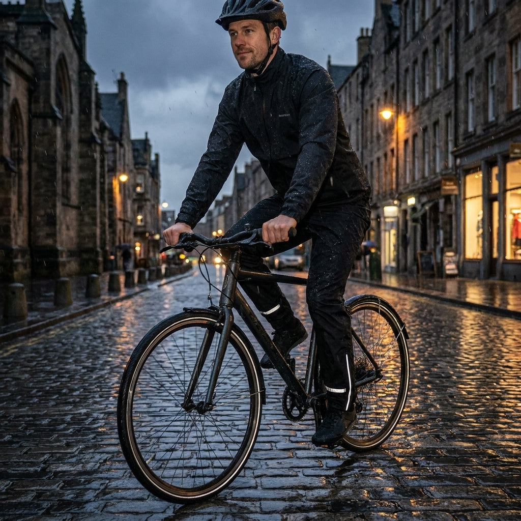 Basil Skane Fahrrad Regenhose Herren jet black. Mann radelt auf nassem Kopfsteinpflaster im Regen, reflektierende Streifen.