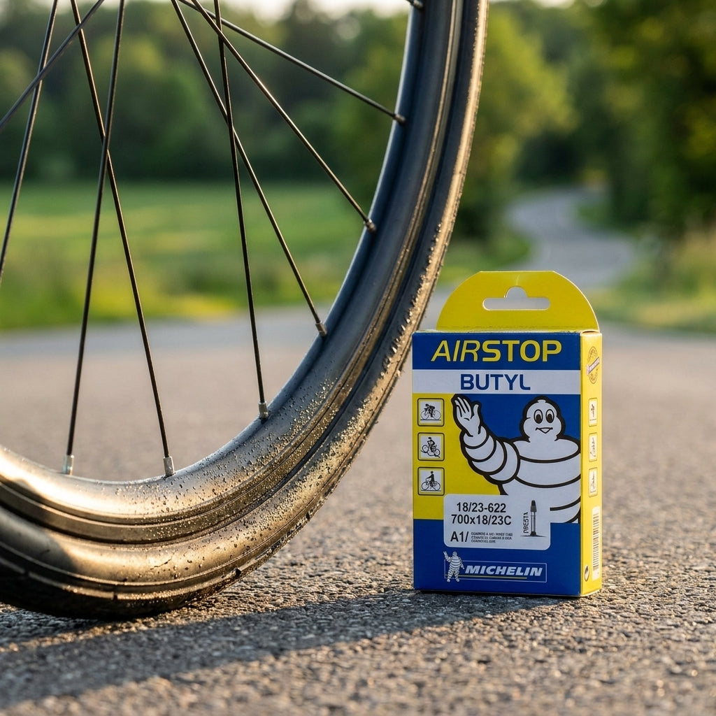 Michelin Airstop Butyl Fahrradschlauch (28 Zoll) Packung neben Fahrradrad auf Asphalt.