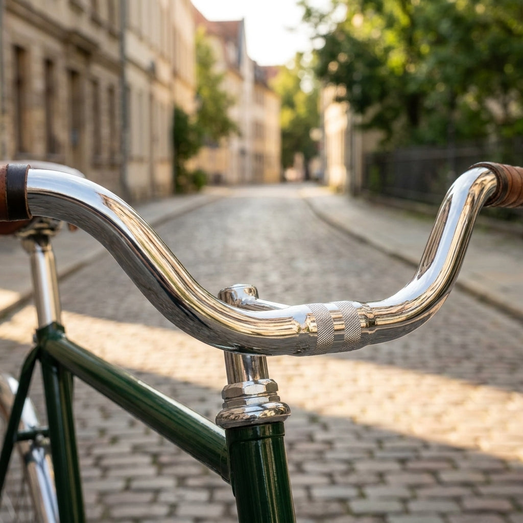 Ergotec Lenkerbügel Diamant Stahl 25,4mm verchromt am grünen Fahrrad auf Kopfsteinpflaster.