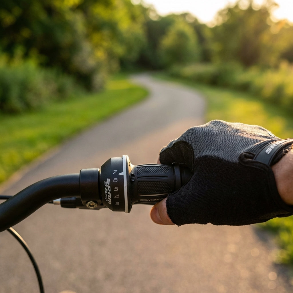 SRAM Drehgriffschalter-Set 3.0 Comp 7-f. am Fahrradlenker, von Hand bedient auf sonnigem Radweg.