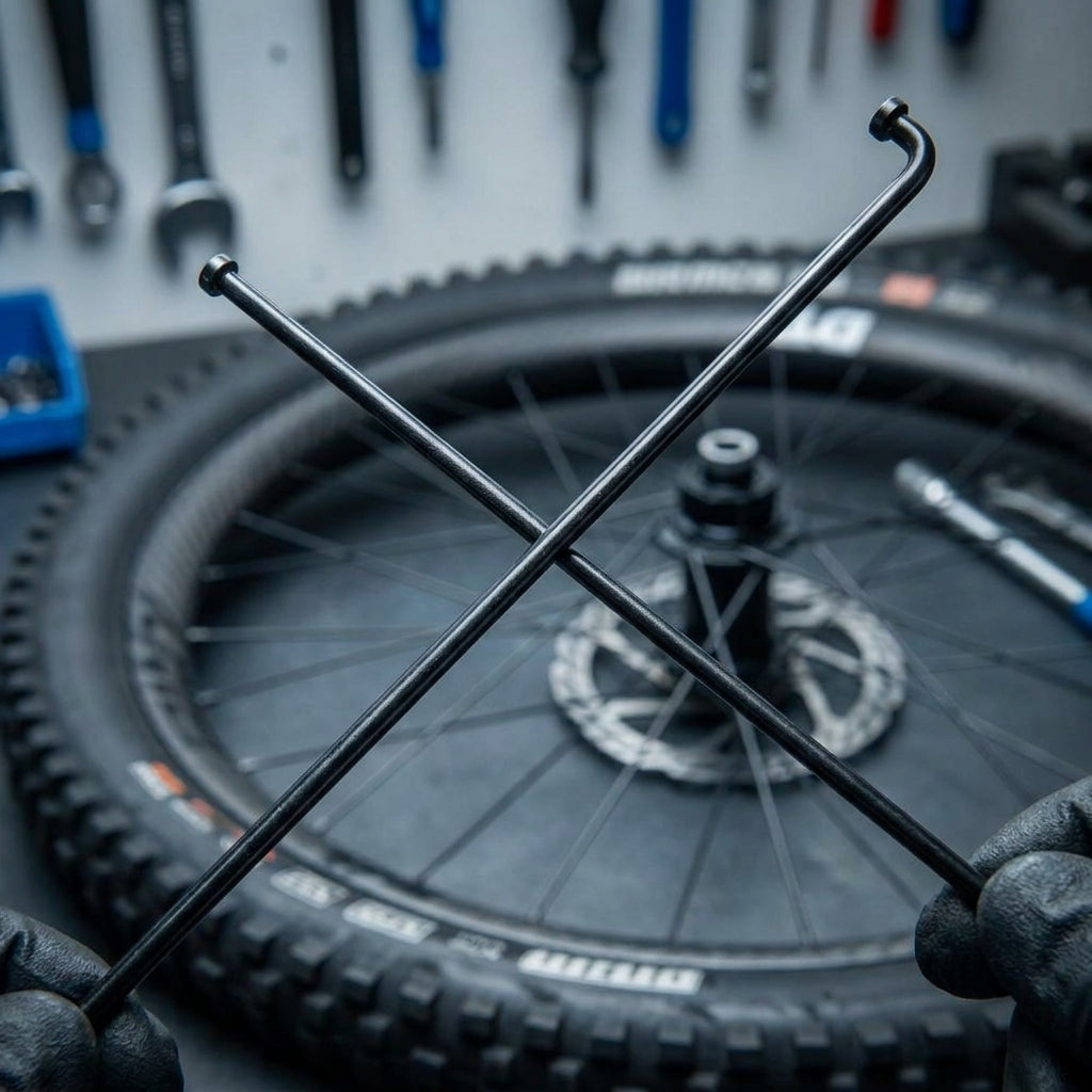 Zwei schwarze DT Swiss Champion 2.0 Speichen, robuste Standardspeiche für MTB und Straße, vor Laufrad.