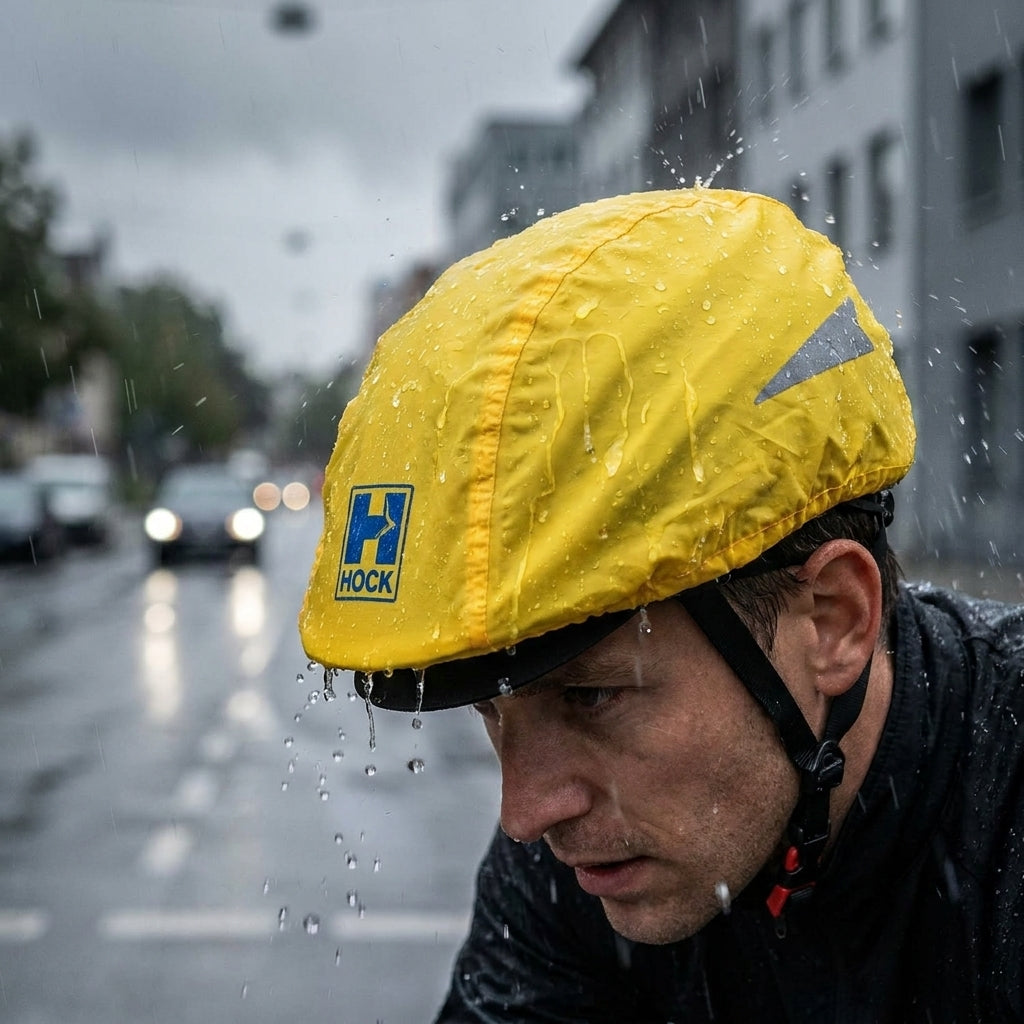 Gelbe Hock Regenschutzhaube für Fahrradhelm im Regen. Radfahrer trägt den Helmüberzug, Wassertropfen spritzen ab.